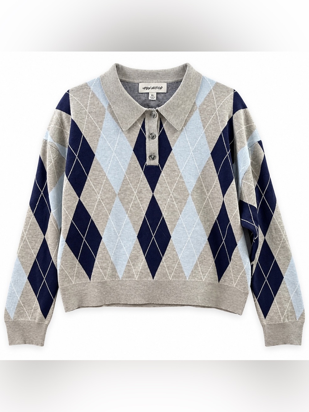 Urban Weekend XL Argyle Collared Polo Sweater Navy Blue Gray Preppy
